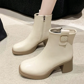 2023 Висококачествени обувки за жени страничен цип дамски ботуши зимни квадратни пръсти твърди средата тръба буци петата мода ботуши