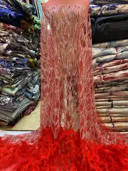 2023 Най-новите френски 3D мъниста тюл дантела плат мода перо опашка африканска мрежа дантела тъкани с пайети за рокля JH145RF