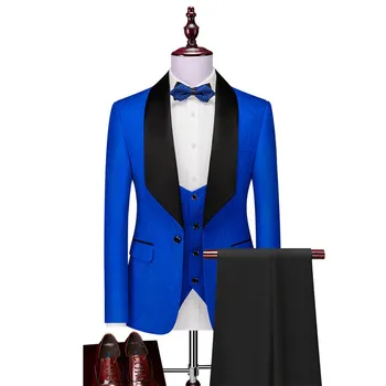2023 Нови мъже костюми Royal Blue/Black младоженец шал сатен ревера Groomsmen сватба най-добър мъж (яке + панталони + жилетка)