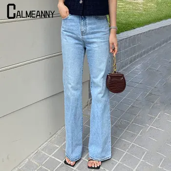 2023 Шик широк крак дънки жени висока талия реколта сини дънки улично облекло корейска мода мек деним мама панталони Лятно улично облекло