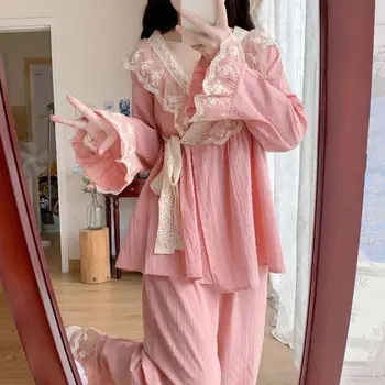 2023 Японска сладка дантела чиста памучна пижама жени пролет есен костюми с дълъг ръкав сладък сладък принцеса стил домашни дрехи шик