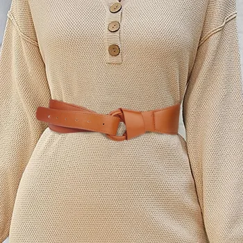 2024 Нов дизайн смисъл мека кожа еластичен еластичен колан проста мода жени Рокли пуловер с декоративен широк колан
