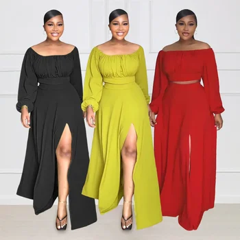 2024 черен зелен червен африкански дрехи за жени лято елегантен дълъг ръкав 2 бр топ пола съвпадение комплекти Африка облекло екипировки