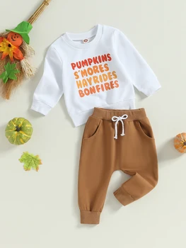 2Pcs Хелоуин костюми за бебета момчета момичета отпечатани Crewneck суитчър шнур дълги панталони съвпадение комплект
