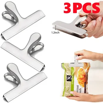 3pcs неръждаема стомана чанта Clipsf за храна тежкотоварни метални сребърни хранителни клипове Офис хартиени скоби Херметично уплътнение Снек клипове