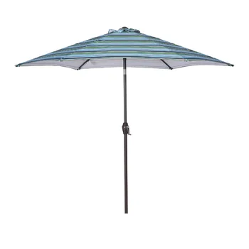8.6Ft открит пазар маса чадър регулируема градина вътрешен двор чадъри с натискане на бутон наклон манивела сини ивици без база