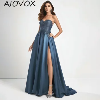 AIOVOX Ethereal A Line Вечерни рокли Елегантни луксозни сатенени без презрамки Sweetheart Front Slit Апликации Пайети вечернее платье