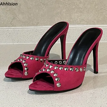 Ahhlsion Нови жени пролетни мулета сандали възел стилет токчета заострени пръсти доста черни парти обувки дами САЩ размер 5-15