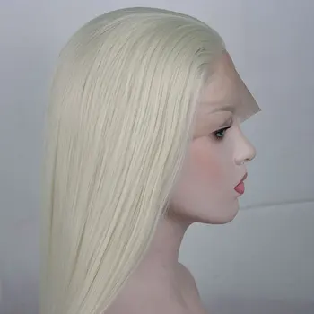 Bombshell White #60 Прав синтетичен 13X4 дантела предна перука високо качество топлоустойчиви влакна предварително оскубани линията на косата за жени перуки