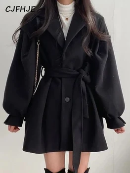 CJFHJE мода черни вълнени палта жена есен зима корейски шик средна дължина палто жени реколта бутон дантела нагоре талията яке