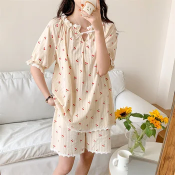 Cherry Soft 100% памук печат дантела къс ръкав пижама комплект жени Kawaii елегантен случайни нощница корейски стил хлабав сладки инс