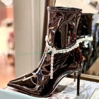 Crystal висулка черен патент ботуши жени остри къси ботуши диамант верига обувки високо стилет петата красива жени есенни ботуши