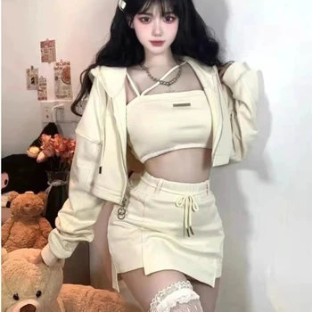 Harajuku моден костюм корейски 3 парче комплекти за жени качулка дълъг ръкав суитчъри секси жилетка Bodycon мини пола екипировки Y2k комплекти