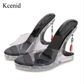 Kcenid 2024 Нова мода странни ясни токчета платформа клин чехли PVC прозрачни сандали жени лятно парти абитуриентски обувки черни