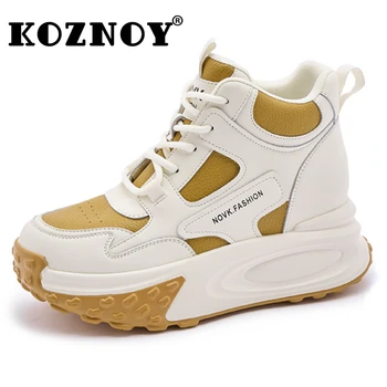 Koznoy 8.5cm естествена кожа дебела подметка жени есента мода скрити токчета дами пролетта платформа клин буци маратонки обувки