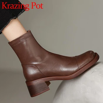 Krazing Pot Full Grain Leather Round Toe Thick High Heels Chelsea Boots Platform French Romantic Grace Zipper Cozy Ankle Boots
