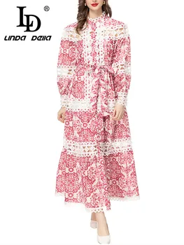 LD LINDA DELLA 2024 луксозно дизайнерско парти Рокли за дамски снаждане дълъг ръкав Hollow Out еднореден Frenum хлабав рокля