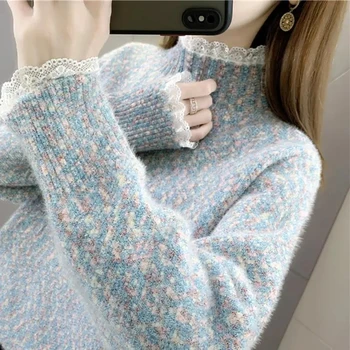 Lace Edge Half High Collar Дамски пуловер 2023 Есен Зима Ново плетене Елегантен женски пуловер пуловер Случайни хлабав пуловер