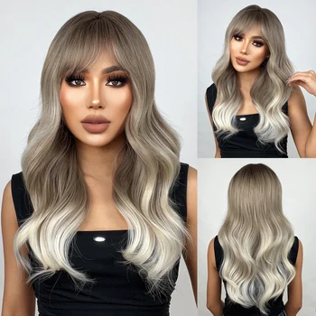Long Body Wave перука за жени Ombre Platinum Natural Daily Wig with Bangs Soft Silky Party Use Synthetic Fake Hair Heat Resistant