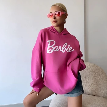 MINISO Нова европейска и американска мода случайни розови Барби същия стил пуловер Барби писмо отпечатани качулка двойка пуловер