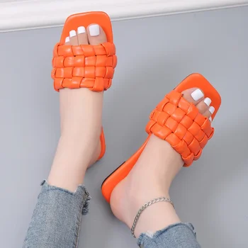 Maogu женски квадратни пръсти плоски сандали плюс размер 43 тъкат меки чехли за жени лято 2024 оранжев плаж чехли безплатна доставка