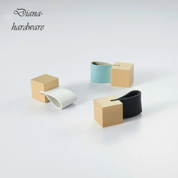 Nordic Colorful Leather + Brass Knob Dresser Cabinet Door Drawer Pulls Square Knobs and Handles Decor Furniture Handle Hardware