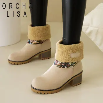 ORCHA LISA Дамски зимни ботуши Flock Block Heels 6cm Slip On Flower Warm Casual Daily Outdoor Snow Bota Голям размер 44 45