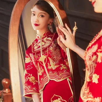 Phoenix бродерия брак костюм китайски стил сватбена рокля Cheongsam ориенталски булката младоженец облекло реколта Qipao