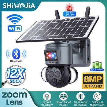 SHIWOJIA 8MP 4K слънчева камера WIFI 12X ZOOM Слънчев панел батерия охранителна камера двоен обектив против кражба сирена аларма наблюдение камера