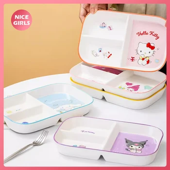 Sanrios Детски керамични разделени чинии Hello Kitty Kuromi 3Grid Прибори за хранене Количествена салата за намаляване на мазнините за възрастни