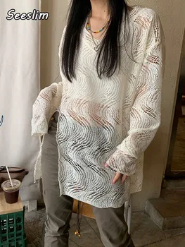 Seeslim куха T риза жени Сплит Harajuku плета пуловери Y2k реколта феякор Greunge върховете смок кухи навън чай върховете