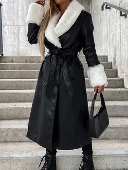 Slim Fit колан пачуърк бутон дълго палто жени ежедневни улично облекло твърди връхни дрехи женски двуреден зимни дебели якета отгоре