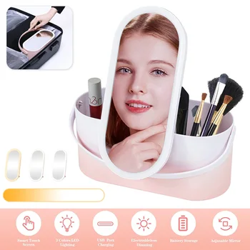 Smart Led грим огледала Безстепенно затъмняване творчески дизайн с козметика Преносима кутия за съхранение с дръжка за момичета Пътуване у дома