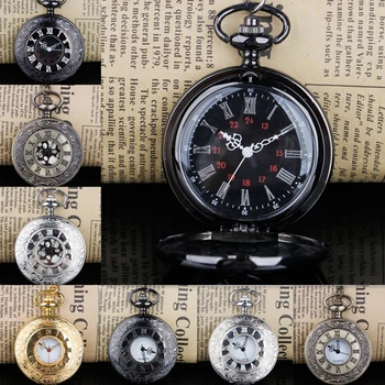 Steampunk Реколта кварц движение джобен часовник римски цифри черен кух случай висулка огърлица мъже жени най-добрите подаръци