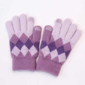 Stretch плетени ръкавици жени мъже топла зима сензорен екран кариран пълен пръст плетене на една кука ръкавица