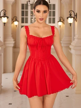 Suninheart летни рокли за жени 2023 Червена каишка за спагети Рокля с линия Прекрасна елегантна дантела нагоре парти рокля Мини ваканционна рокля