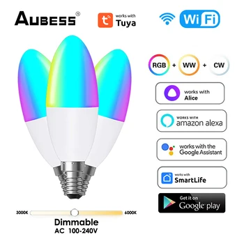 TUYA Smart WiFi E14 Candelabra RGBCW LED крушка 100-240V Регулируема магическа лампа Гласов контрол Alexa Google Home Yandex Алис