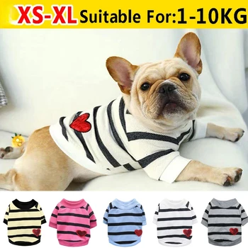 Thin Striped Round Neck Dog Sweater, Pet Clothes Pug Puppy Dog Clothes Teddy Milk Cat Pet Small Dog Puppies Bichon Short Sleeve