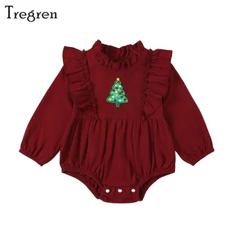 Tregren 0-12M новородено бебе момичета Коледа гащеризон червен дълъг ръкав коледно дърво бродерия къдрици гащеризон есен зимни дрехи