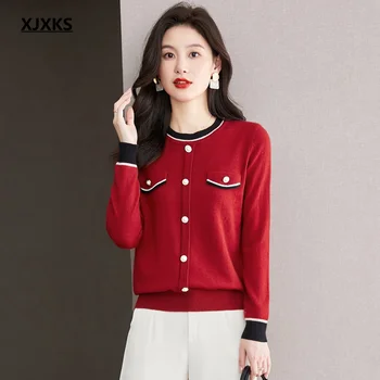 XJXKS 2023 Есен и зима Нов удобен вълнен плетен пуловер дамски пуловер висок клас комфорт и топлина трикотаж