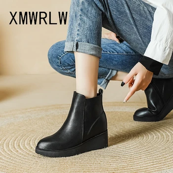 XMWRLW Дамски боти до глезена PU кожа есен зимни обувки жени мода високи токчета клинове обувки топло плюшени зимни обувки обувка