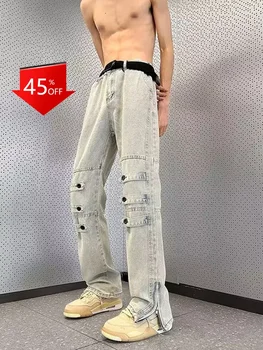 Y2K каишка гащеризони висока улична мода марка цип сплит панталони дънки за мъжко облекло wkwkp00180 карго дънки y2k мъжки дънки
