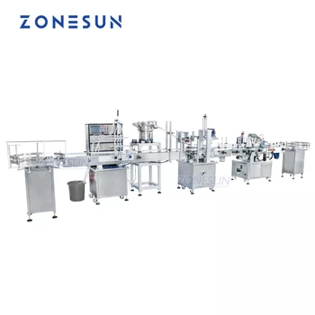 ZONESUN ZS-FAL180P3 Персонализирана пълна автоматична производствена линия Пълнене на флакон с течно масло Вибрационна капачка Машина за етикетиране на захранващото