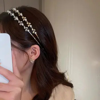 Аксесоари за коса Gold Tiara Wash Face Hair Band Корейски стил Headwear Leaf лента за глава момиче тънка коса обръч Rhinestone лента за коса