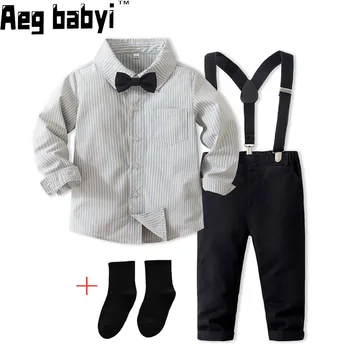 Бебе - момче Джентълменски комплекти Дълъг ръкав папийонка риза Панталони Suspender 4Pcs костюм момчета рожден ден рокля костюми 1-5Y