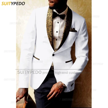 Бели костюми за мъже Slim Fit луксозен златен печат шал ревера яке панталони 2 парчета младоженец сватба смокинги мода мъжки блейзъри