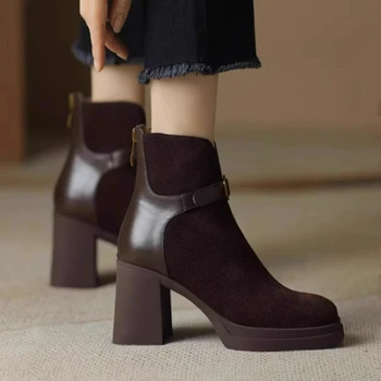 Ботуши Дамски обувки Дамска мода Висок ток дантела нагоре глезена ботуши Дамски катарама платформа изкуствени кожени обувки Бота Феминина 2023