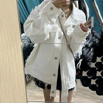 Бяло дамско дънково яке пролет голям размер 4XL бръчки пискюл тенденция шик деним улично облекло Harajuku женски Жан палто деним връхни дрехи
