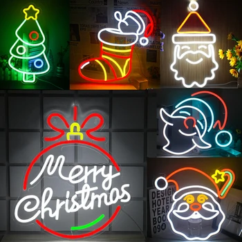 Весела Коледа Неонов знак Led неонови светлини Санта шапка за осветяване Знаци Детска стая Коледно парти Начало стена декор лампа подарък