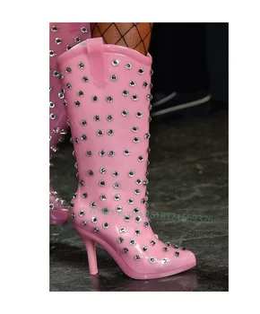 Гумени кристални розови ботуши до коляното Lady Round Toe Секси тънки ботуши на висок ток 2023 Кристално приплъзване на обувки Нов лукс